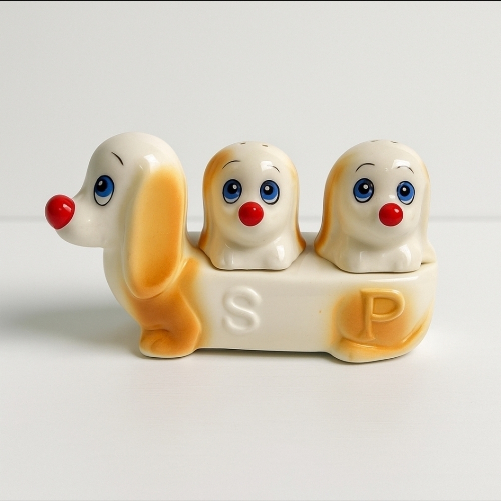 Vintage Japan Dachshund Dog Puppies Salt & Pepper Shakers Ceramic Trio MCM